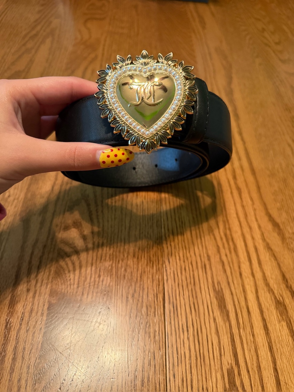 Juicy Couture Gold Heart Medallion Black Leather Belt